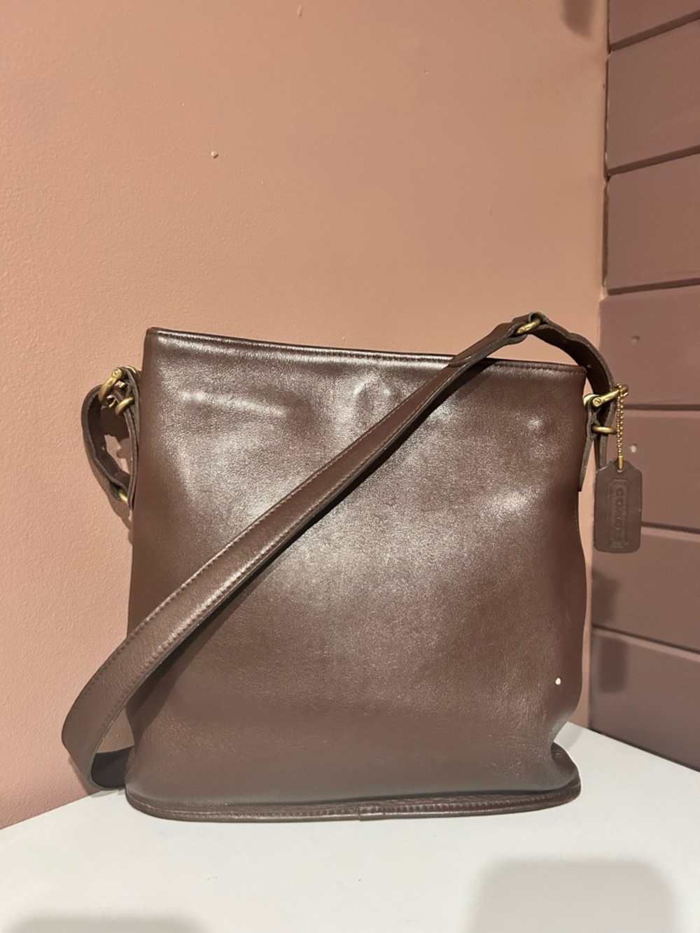 Coach Dark Brown Leather Crossbody with Brass Tag